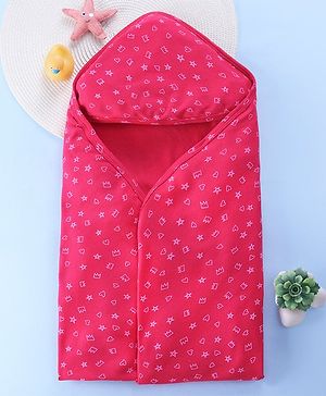 Babyhug Interlock Hooded Wrapper With Heart Print L 76.2 x B 76.2 cm - Pink