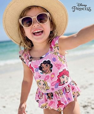 Babyhug Disney Sleeveless V Cut Swimsuit with Princess Print - Pink
