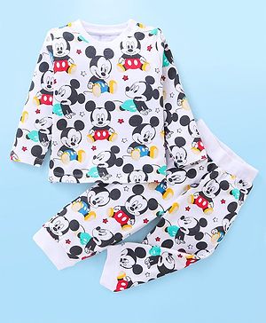 Babyhug Disney Single Jersey Knit Full Sleeves Mickey Mouse Printed Night Suit - White