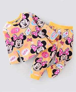 Babyhug Disney Cotton Knit Full Sleeves Night Suit With Minnie Mouse Printed - Orange