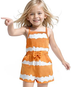 Babyhug Single Jersey Knit Singlet Sleeves  Striped  Jumpsuit with Bow & Pocket Detailing - Orange