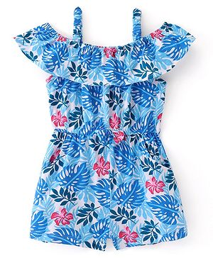 Babyhug Single Jersey Knit Cold Shoulder Sleeves Floral Print Jumpsuit with Frill Detailing - Blue