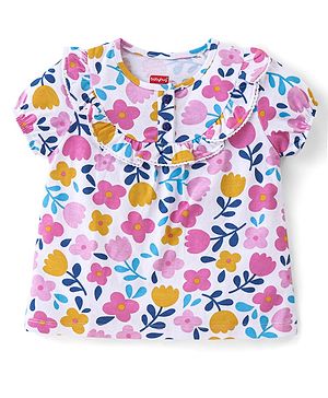 Babyhug Cotton Half Sleeves Top With Frills and All Over Floral Print - White