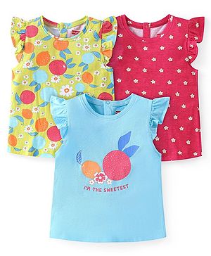 Babyhug Cotton Knit Frill Sleeves Tops with Floral & Fruit Print Pack of 3 - Multicolor