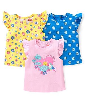 Babyhug 100% Cotton Knit Frill Sleeves Top with Frills & Floral Print Pack of 3 - Pink Yellow & Blue
