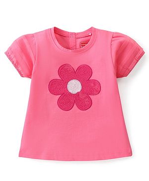 Babyhug  Cotton Knit Half Sleeves Top With Flower Graphics and Sequin Detailing - PInk