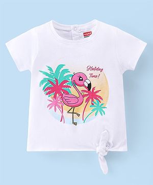 Babyhug Cotton Knit Half Sleeves Tee with Front Knot & Tropical Theme Print - White