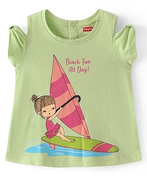 Babyhug Cotton Knit Half Sleeves Top with Beach Theme Graphics - Light Green