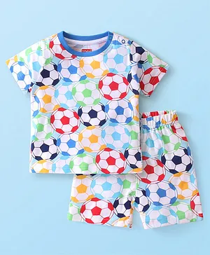 Babyhug Cotton Knit Half Sleeves Night Suit Football Print - White