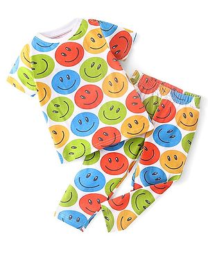 Babyhug Single Jersey Half Sleeves Night Suit Smiley Face Print - Multicolor