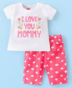 Babyhug Cotton Knit Half Sleeves Capri Night Suit With Text Print - White & Pink