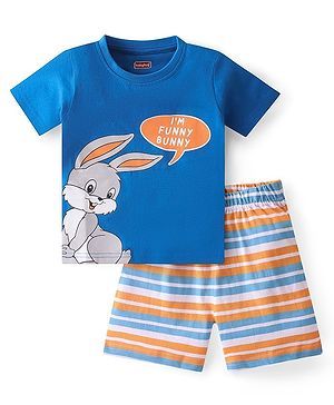 Babyhug Single Jersey Knit Half Sleeves Night Suit with Bunny Print - Navy Blue