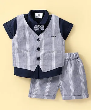 Mini Taurus Cotton Knit Half Sleeves Checked Party Suit - Blue
