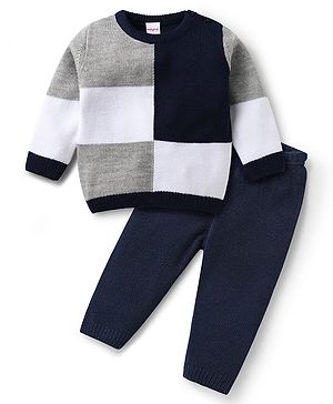 Babyhug Knitted Full Sleeves Sweater Set With Color Block Design - Navy Blue Babyhug Knitted Full Sleeves Sweater Set With Color Block Design - Navy Blue