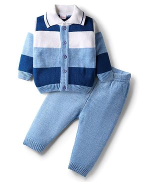 Babyhug Knit Full Sleeves Front Open Sweater Set With Collar Neck & Stripes - Multi Colour