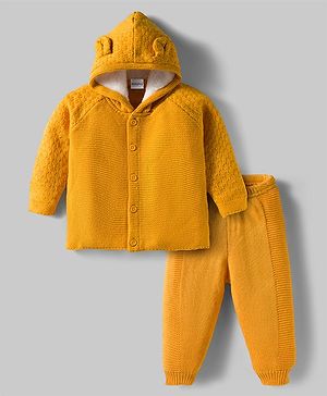 Babyhug Knit Full Raglan Sleeves Hooded Front Open Sweater Set with Cable Knit Design & Ear Applique - Yellow