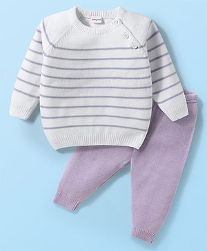 Babyhug Knitted Full Raglan Sleeves Striped Sweater Set - White & Purple Babyhug Knitted Full Raglan Sleeves Striped Sweater Set - White & Purple