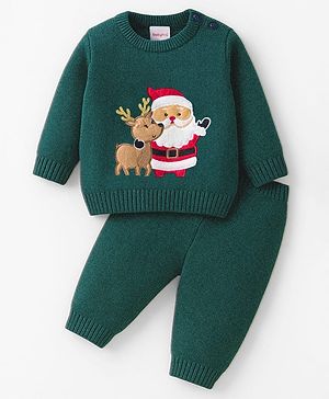 Babyhug Knit Full Sleeves Pullover Sweater Set with Reindeer & Santa Patch Embroidery - Dark Green