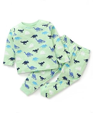 Babyhug Cotton Knit Full Sleeves Dino Printed Night Suit - Green