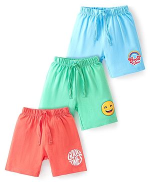 Babyhug Cotton Knit Shorts Emoji & Text Print Pack Of 3 - Blue Green & Red