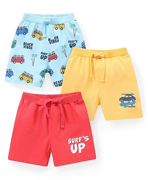 Babyhug Cotton Knit Shorts with Camper Van &  Text Print Pack of 3 - Multicolour