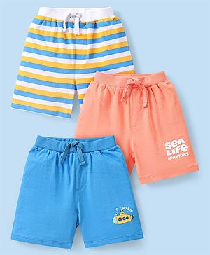 Babyhug Cotton Knit Shorts Submarine Printed and Striped Pack of 3 - Multicolour
