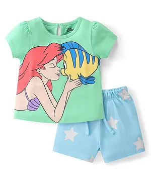 Babyhug Disney Cotton Knit Single Jersey Half Sleeve Night Suit With Disney Princess Graphics - Green & Blue