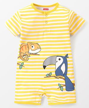 Babyhug 100% Cotton Knit Half Sleeves Striped  Romper with Chameleon &  Toucan Bird Print - Yellow