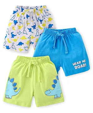 Babyhug Cotton Knit Single Jersey Shorts With Dino Print Pack Of 3 - Grey Blue & Green
