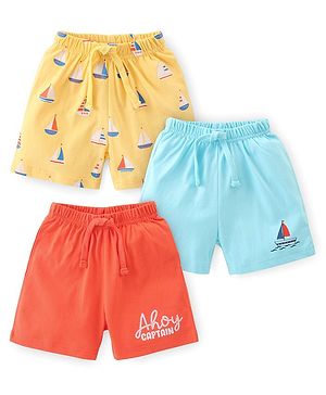 Babyhug Cotton Knit  Single Jersey Shorts With Boat Theme Print Pack Of 3 - Yellow Blue & Red