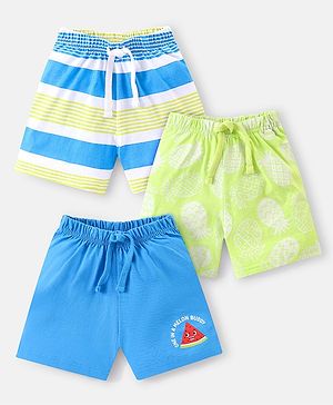 Babyhug Cotton Single Jersey Knit Shorts Stripes & Pineapple Print Pack Of 3 - Blue & Green