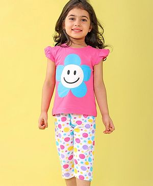 Babyhug Cotton Knit Frill Sleeves Floral Printed Night Suit - Pink