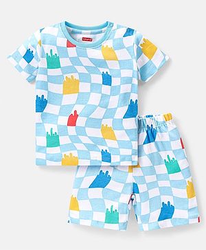 Babyhug Single Jersey Half Sleeves Night Suit Checks Print - Blue