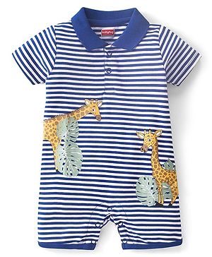 Babyhug 100% Cotton Knit Half Sleeves Romper Giraffe Print - Navy Blue