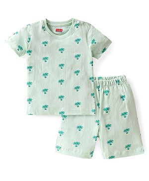 Babyhug Single Jersey Cotton Knit Half Sleeves Tree Printed Night Suit - Sea Green