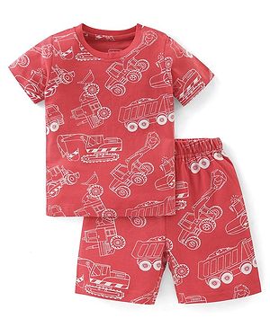 Babyhug Cotton Knit Single Jersey Half Sleeves Night Suit With Construction Vehicle Print - Red