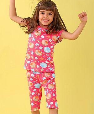 Babyhug Cotton Knit Frill Sleeves Sea Shells Printed Night Suit - Pink