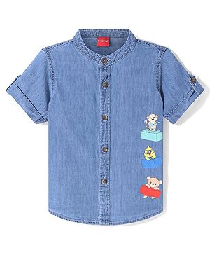 Babyhug Half Sleeves Mandarin Collar Denim Shirt with Animals Print - Light Blue