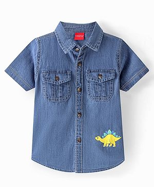 Babyhug Cotton Woven Half Sleeves Regular Collar Dino Printed Denim Shirt - Mid Blue