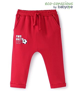 Babyoye Cotton Knit Full Length Trouser with Text Print - Red