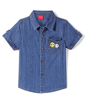 Babyhug Half Sleeves Denim Shirt with Smiley Patch - Dark Blue