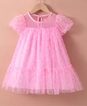 Kookie Kids Half Sleeves Party
                                  Frock with Floral Print - Pink