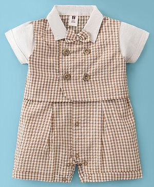 ToffyHouse Cotton Half Sleeves Checkered Romper with Bow Tie - Light Taupe