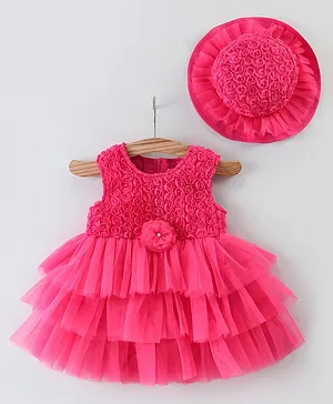 Mark & Mia Sleeveless Frock Style Party Onesie & Hat with Floral Applique - Pink