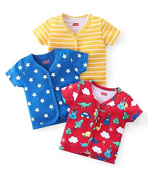 Babyhug 100% Cotton Knit Half Sleeves Striped Front Open Vests with Star & Dino Print Pack of 3 - Multicolour