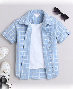 Taffykids Half Sleeves Checked Shirt With Attached Solid Tee - Blue & White