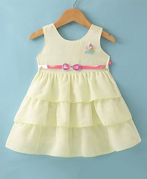 Tweetons Woven Sleeveless Frock With Unicorn Applique - Lemon Yellow