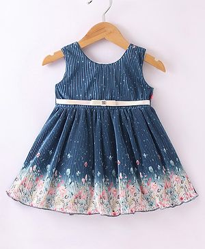 Tweetons Woven Sleeveless Frock With Floral Print - Navy Blue