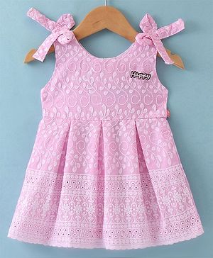 Tweetons Sleeveless Floral Embroidered & Bow Applique Pleated Frock - Pink