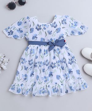 Tweetons Woven Half Sleeves Floral Printed Frock with Ribbon Detailing - Blue